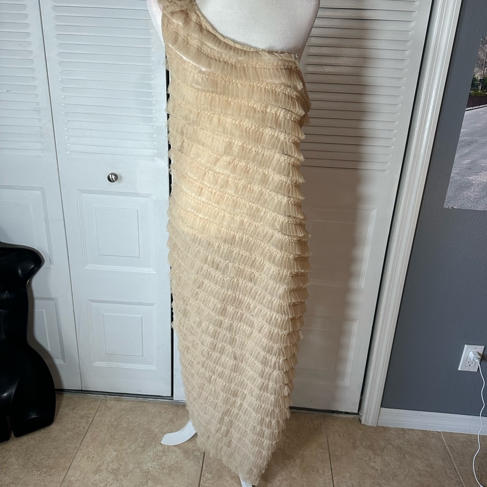 Urban Outfitters Tan Ruffle Dress.. sheer underlining very cute but demure